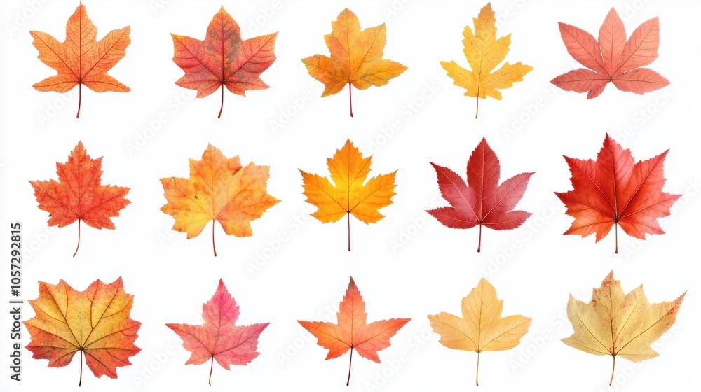 Assorted autumn maple leaves in bright red and golden hues, forming a natural seasonal palette, isolated on transparent background Assorted autumn maple leaves in bright red and golden hues, forming a natural seasonal palette, isolated on transparent background