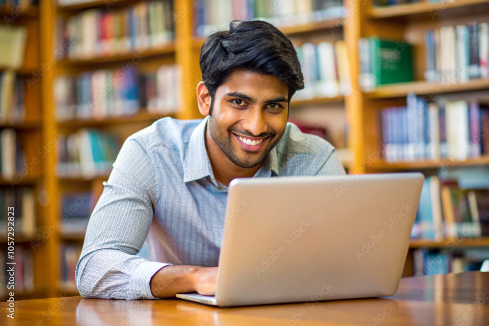 Confident Indian student in library, smiling, leaning over laptop workspace Confident Indian student in library, smiling, leaning over laptop workspace