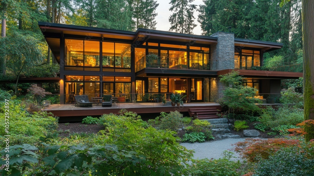 Obraz premium Contemporary Home with Expansive Windows in Nature