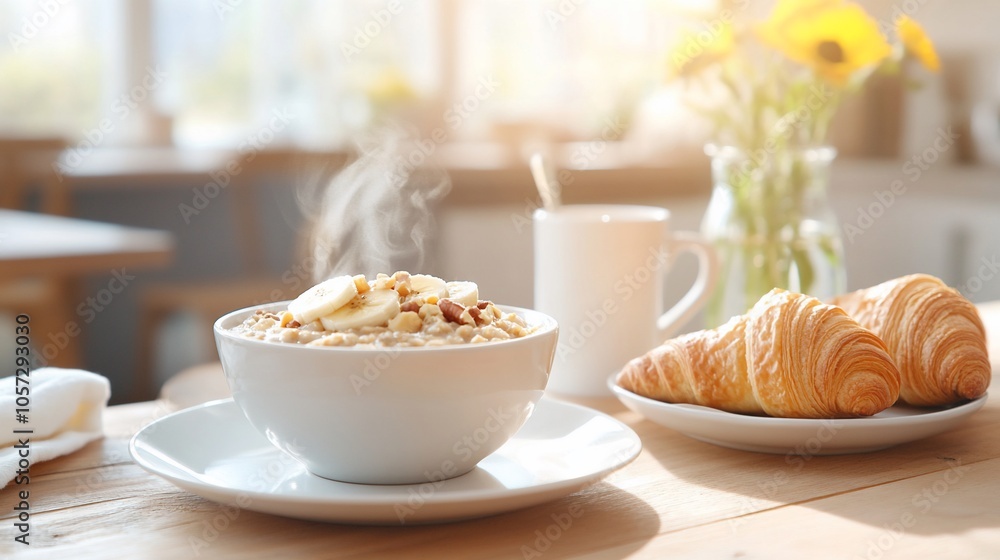 A steaming bowl of oatmeal with banana and nuts, served with croissants and a cup of coffee on a wooden table. A steaming bowl of oatmeal with banana and nuts, served with croissants and a cup of coffee on a wooden table.