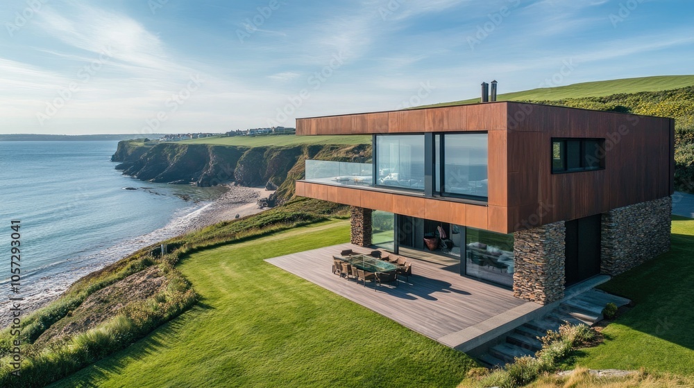 Fototapeta premium Modern Coastal House with Large Terrace Overlooking Sea