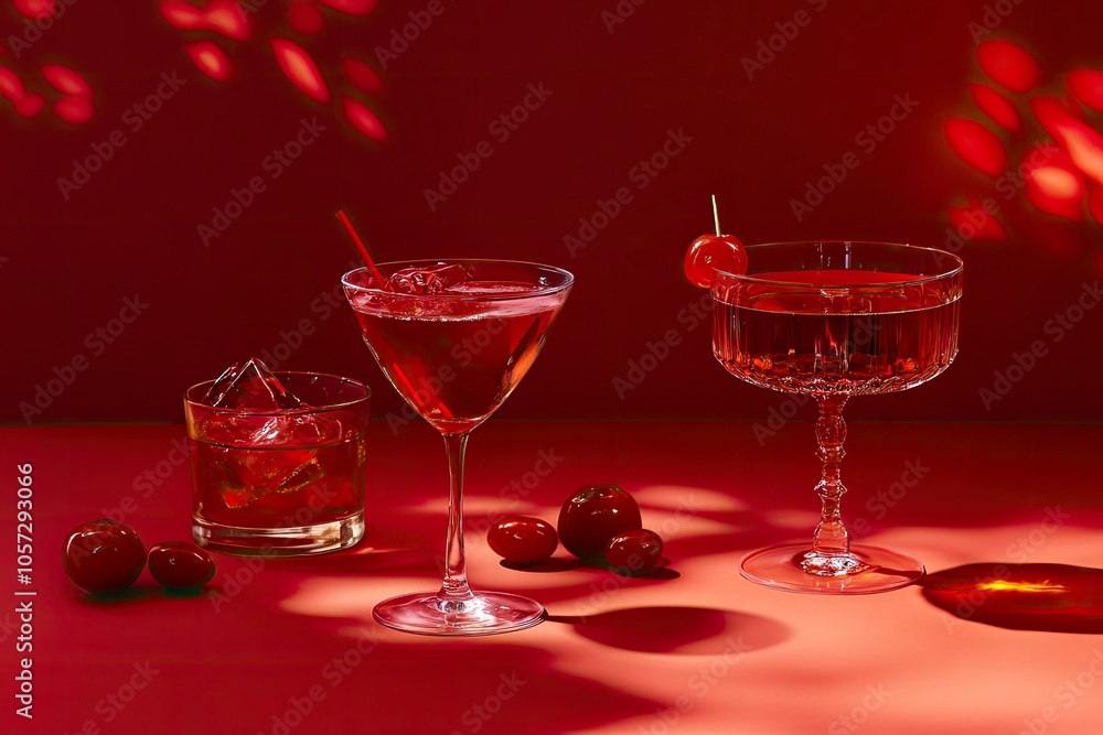 Red cocktail drinks on red background with generative ai Red cocktail drinks on red background with generative ai