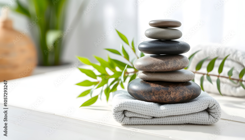 Obraz premium spa and wellness center - stack of massage stones and towels with green plant on white wooden table. banner copy space isolated with white highlights, png