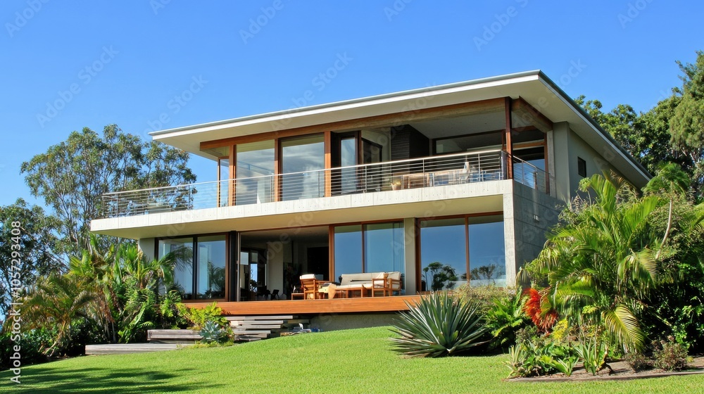 Modern Two-Storey Home with Wide Windows and Green Landscape Modern Two-Storey Home with Wide Windows and Green Landscape