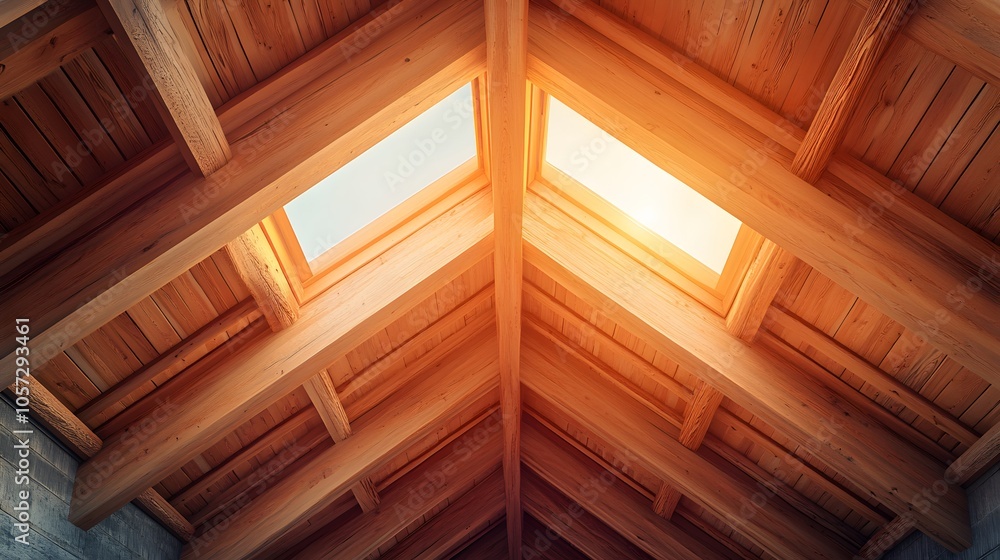 Modern wooden ceiling structure with natural beams and skylight, featuring geometric patterns and warm sunlight in contemporary minimalist architectural style. Modern wooden ceiling structure with natural beams and skylight, featuring geometric patterns and warm sunlight in contemporary minimalist architectural style.