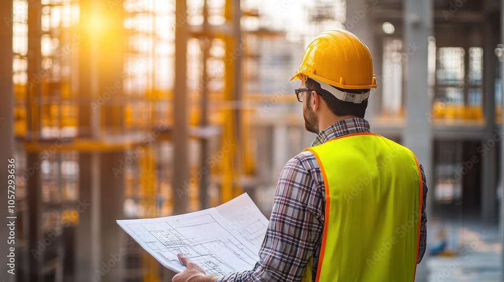 Caucasian male construction worker analyzing blueprints at a construction site. Caucasian male construction worker analyzing blueprints at a construction site.