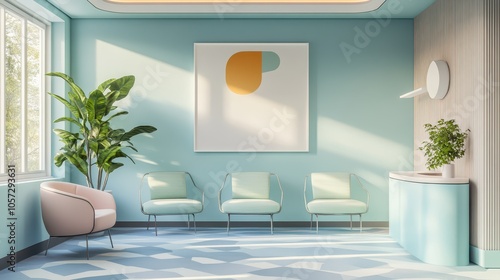 Modern Pediatric Office Interior: Vertical Poster Mockup with Playful Furniture, Pastel Blue Walls, and Cheerful Natural Lighting. 24x36 inches, Ideal for Healthcare. photo