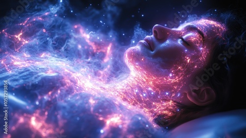 Ethereal figure surrounded by cosmic energy and vibrant colors.