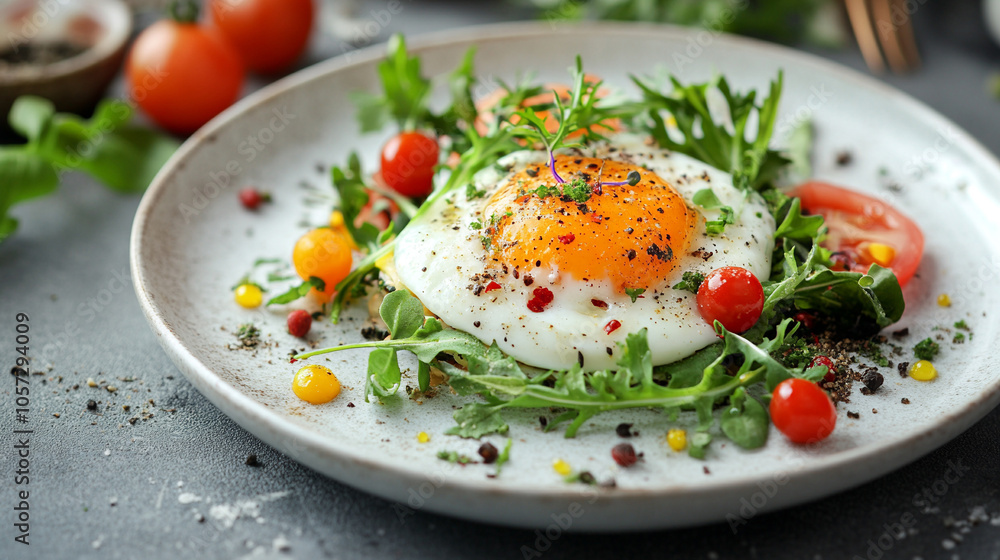Sunny Side Up Egg served with a fresh green salad. Sunny Side Up Egg served with a fresh green salad.