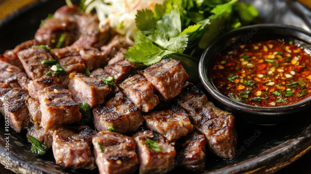 A platter of Isaan-style grilled beef, served with a side of fresh herbs and spicy A platter of Isaan-style grilled beef, served with a side of fresh herbs and spicy