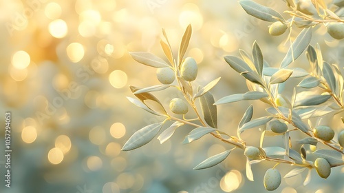 Wallpaper Mural Olive tree branch with unripe green olives and silvery leaves, captured in soft morning light with bokeh background in Mediterranean nature setting. Torontodigital.ca