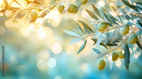Wallpaper Mural Olive tree branch with unripe green olives and silvery leaves, captured in soft morning light with bokeh background in Mediterranean nature setting. Torontodigital.ca