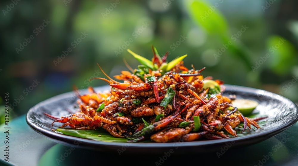 A serving of Isaan-style fried insects, colorful and crispy, beautifully plated, A serving of Isaan-style fried insects, colorful and crispy, beautifully plated,