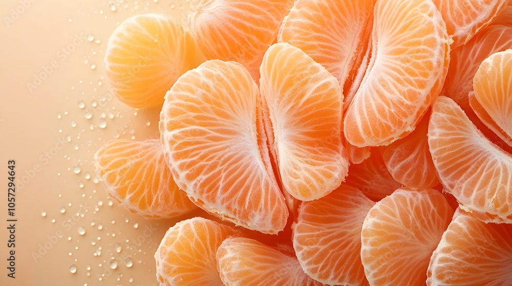 Peeled mandarin orange segments in fan arrangement, showcasing vibrant orange color and juicy citrus flesh on beige background with studio lighting and minimalist style. Peeled mandarin orange segments in fan arrangement, showcasing vibrant orange color and juicy citrus flesh on beige background with studio lighting and minimalist style.