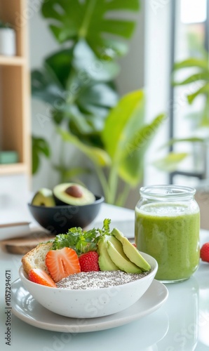 Healthy breakfast bowl with chia seeds, avocado, strawberries, and a green smoothie.