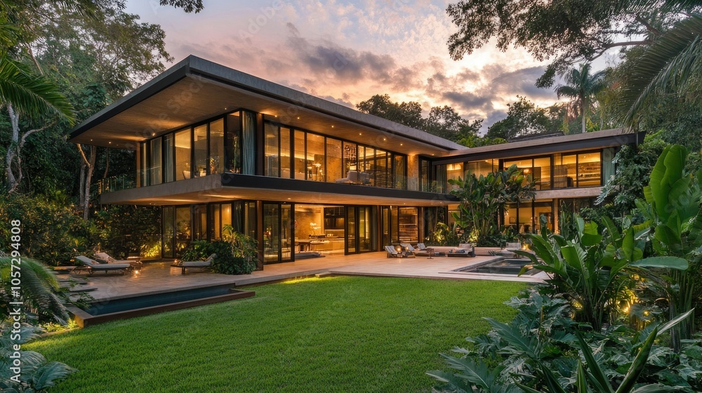 Modern Airy Home with Panoramic Windows at Sunset Modern Airy Home with Panoramic Windows at Sunset