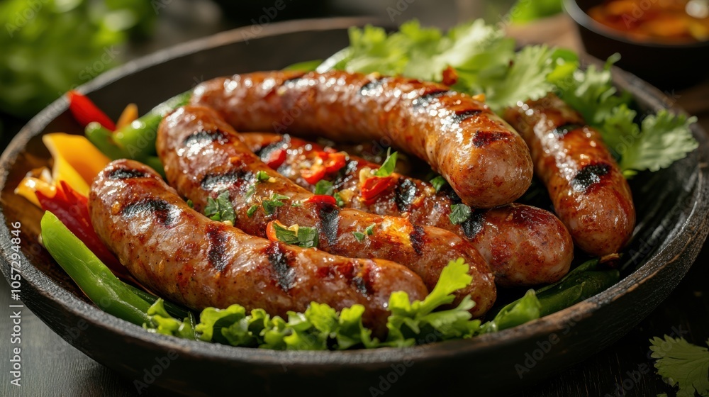 A serving of spicy Isaan sausages, perfectly grilled, served with fresh vegetables A serving of spicy Isaan sausages, perfectly grilled, served with fresh vegetables