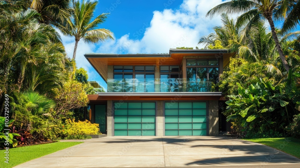 Fototapeta premium Modern Two-Story Home Surrounded by Lush Greenery