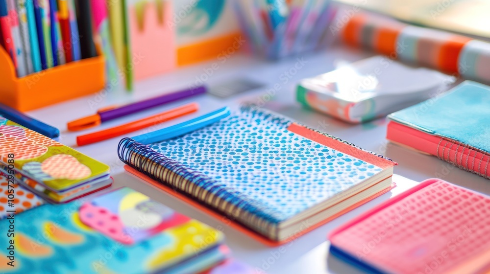 Colorful Notebooks and Pens on a White Table Colorful Notebooks and Pens on a White Table