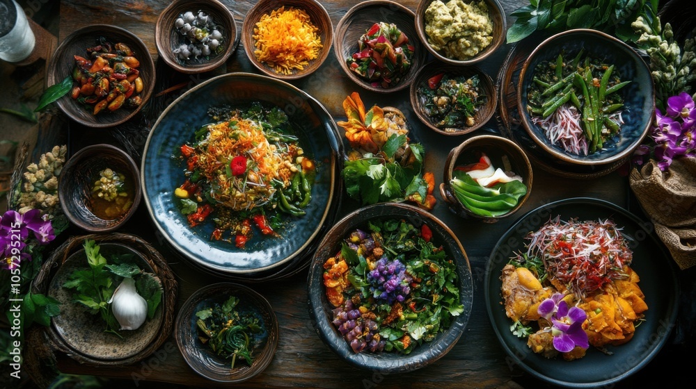 A tempting array of colorful Isan food, plated artistically, A tempting array of colorful Isan food, plated artistically,