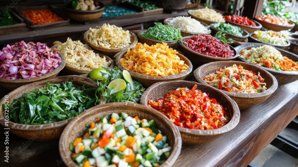 A tempting array of colorful Isan food, plated artistically, A tempting array of colorful Isan food, plated artistically,