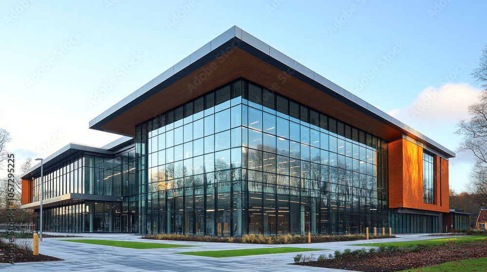 Architectural close-up of a modern building with sleek glass panels, representing innovation and style Architectural close-up of a modern building with sleek glass panels, representing innovation and style