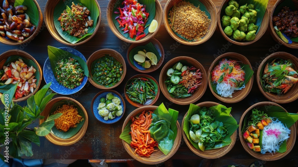 A tempting array of vibrant Isan food, plated with care, soft lighting