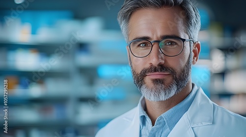 Mature customer receiving guidance from pharmacist on how to use a medication management app in a well designed organized pharmacy environment Focusing on healthcare technology