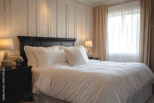 Wallpaper Mural luxurious monochrome bedroom, elegant monochrome bedroom featuring a luxurious king-size bed with white linens, a black nightstand, and gentle lighting Torontodigital.ca