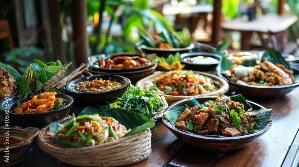 Obraz premium A tempting spread of Isan dishes, plated beautifully,