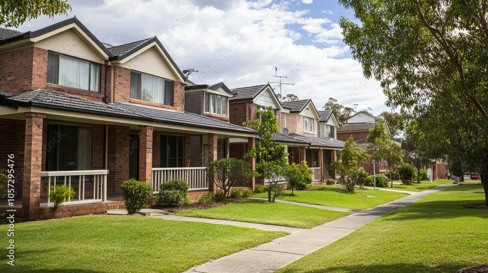 Suburban Landscape with Residential Homes and Greenery Suburban Landscape with Residential Homes and Greenery
