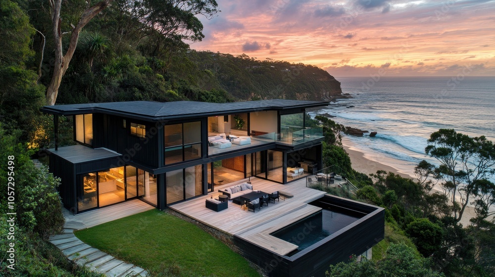 Fototapeta premium Modern Two-Storey Home with Scenic Terrace