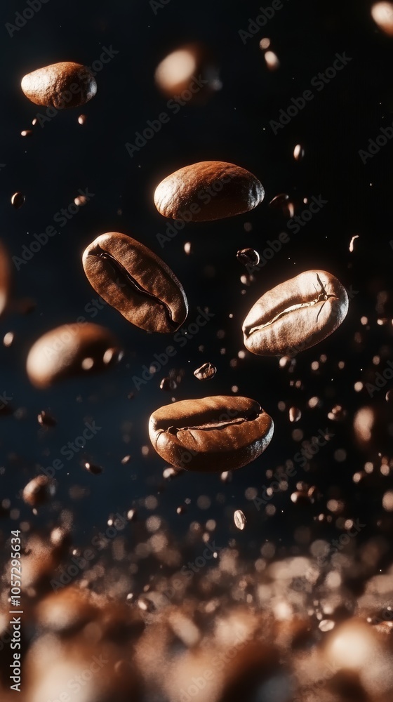 Close-up of coffee beans flying in mid-air against a dark background. Close-up of coffee beans flying in mid-air against a dark background.