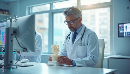 Middle-aged male doctor in white coat examining 3D-printed spine model at desk, focused on patient care and diagnostics. Modern medical office, healthcare consultation, and professional expertise