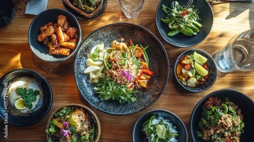 A vibrant Isan meal, elegantly plated, in a naturally lit environmen photo