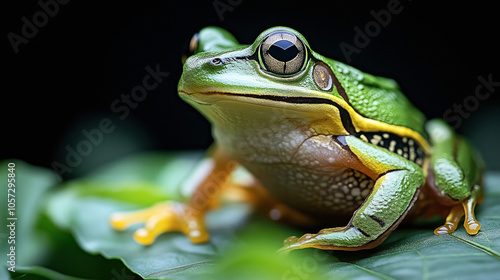 Close-up of a vibrant green tree frog with large eyes sitting on a leaf against a dark background