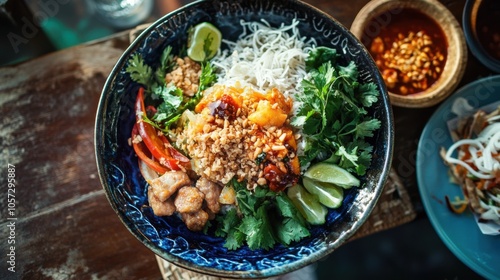 A vibrant Isan meal, neatly presented, with soft natural lighting photo