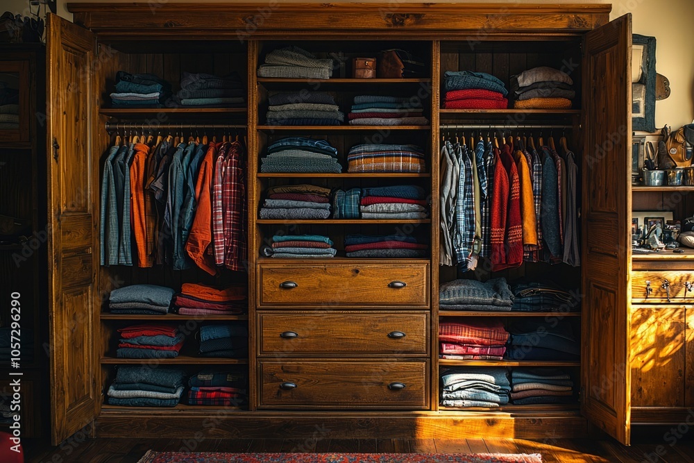 Wooden Wardrobe Filled with Folded and Hanging Clothes Wooden Wardrobe Filled with Folded and Hanging Clothes