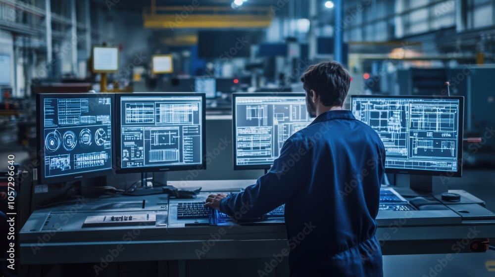 An engineer programming a CNC machine in a factory, An engineer programming a CNC machine in a factory,