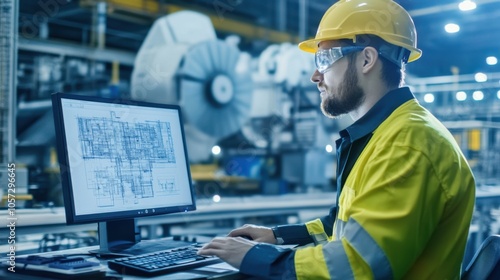 An engineer reviewing blueprints on a computer in an industrial factory