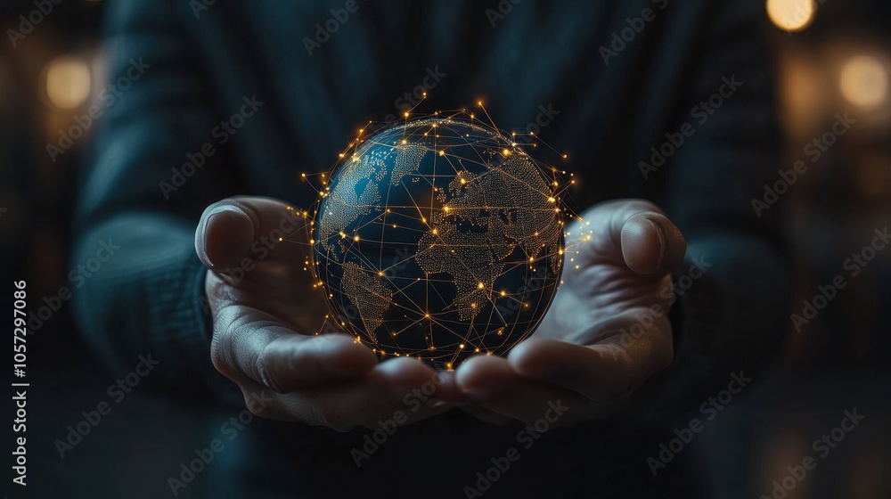 Fototapeta premium Hands Holding a Miniature Globe with Network Lines