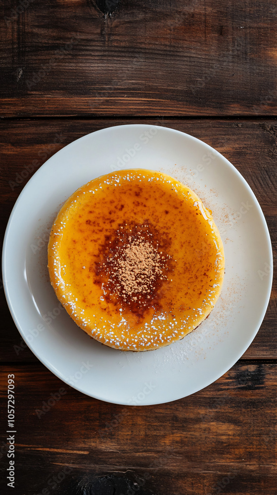 Round burnt cheesecake sprinkled with powdered sugar sitting on white plate on dark wooden table Round burnt cheesecake sprinkled with powdered sugar sitting on white plate on dark wooden table