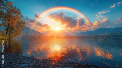 Serene sunset over a lake with a vibrant rainbow and mountains.