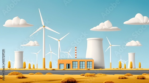 Bright and colorful showcasing a hydrogen production facility powered by a combination of wind turbines and solar panels set against a vibrant industrial landscape photo