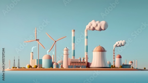 Bright and colorful showcasing a hydrogen production facility that is powered by a combination of wind and solar energy in a vibrant industrial landscape  The scene depicts a modern photo