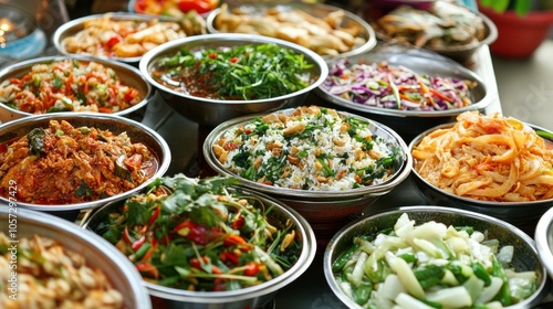 Bright and appetizing Isan dishes, arranged beautifully,