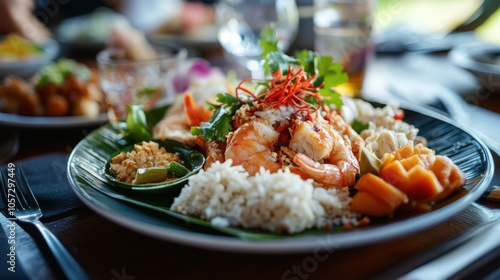 Bright and colorful Isan cuisine, elegantly arranged on a plate, photo