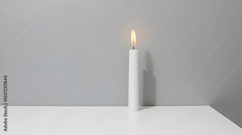 A white candle burns against the background of a gray wall and the shadow of the candle falls on the wall. The shadow of a burning candle falls on a gray wall. A white candle burns against the background of a gray wall and the shadow of the candle falls on the wall. The shadow of a burning candle falls on a gray wall.