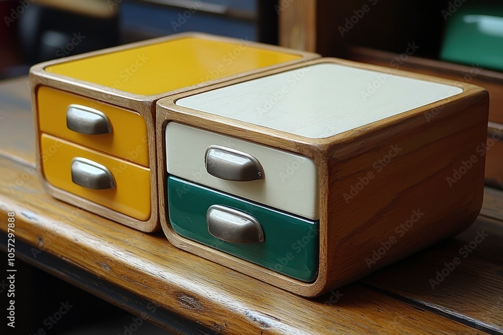 Two Wooden Drawers with Colorful Fronts and Metal Handles Two Wooden Drawers with Colorful Fronts and Metal Handles