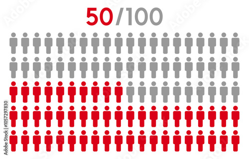 50 percent people icon graphic vector.Population demography concept with man icons.People infographic percentage chart.